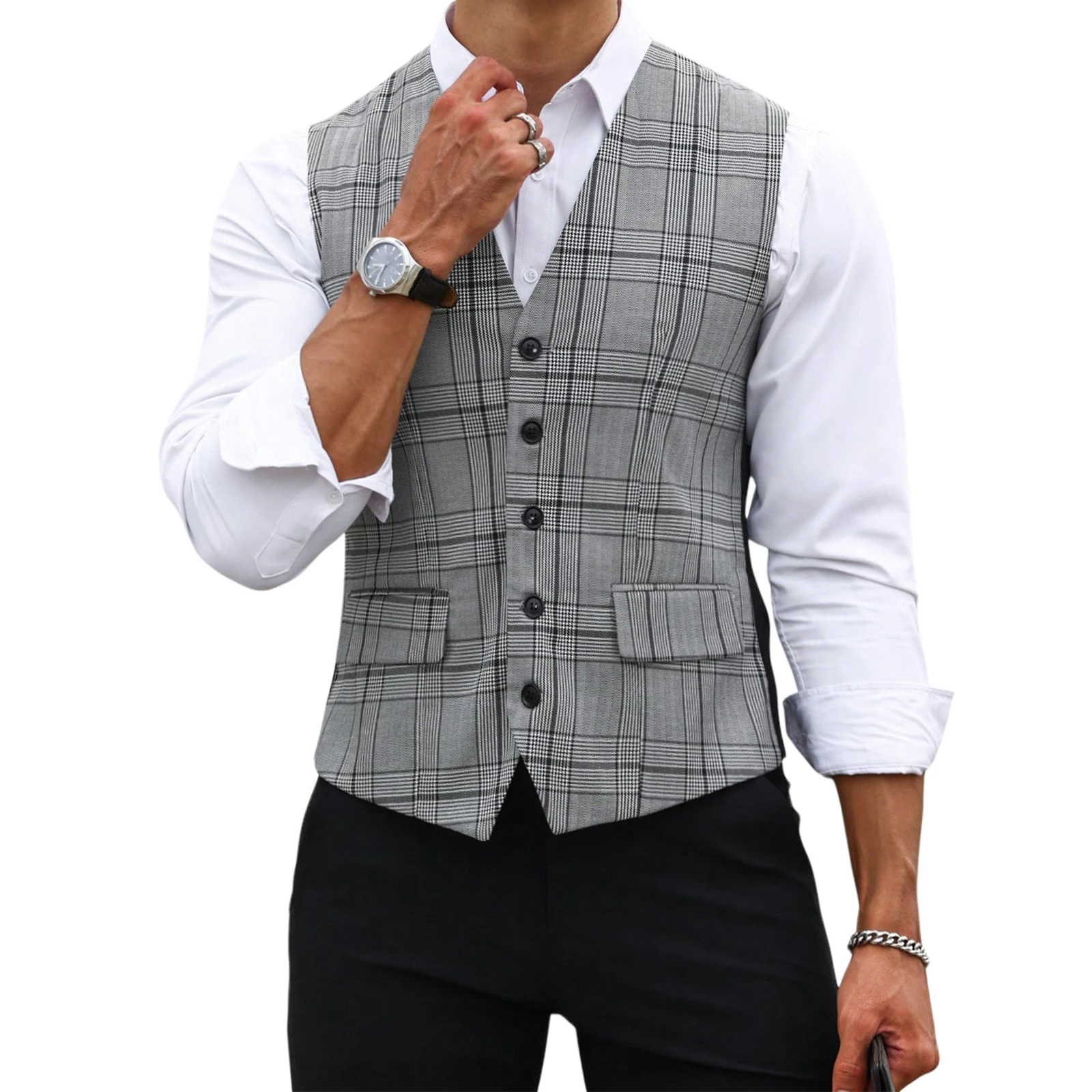 Men Formal Wear Vest - Men Grey Plaid Suit Vest Slim
