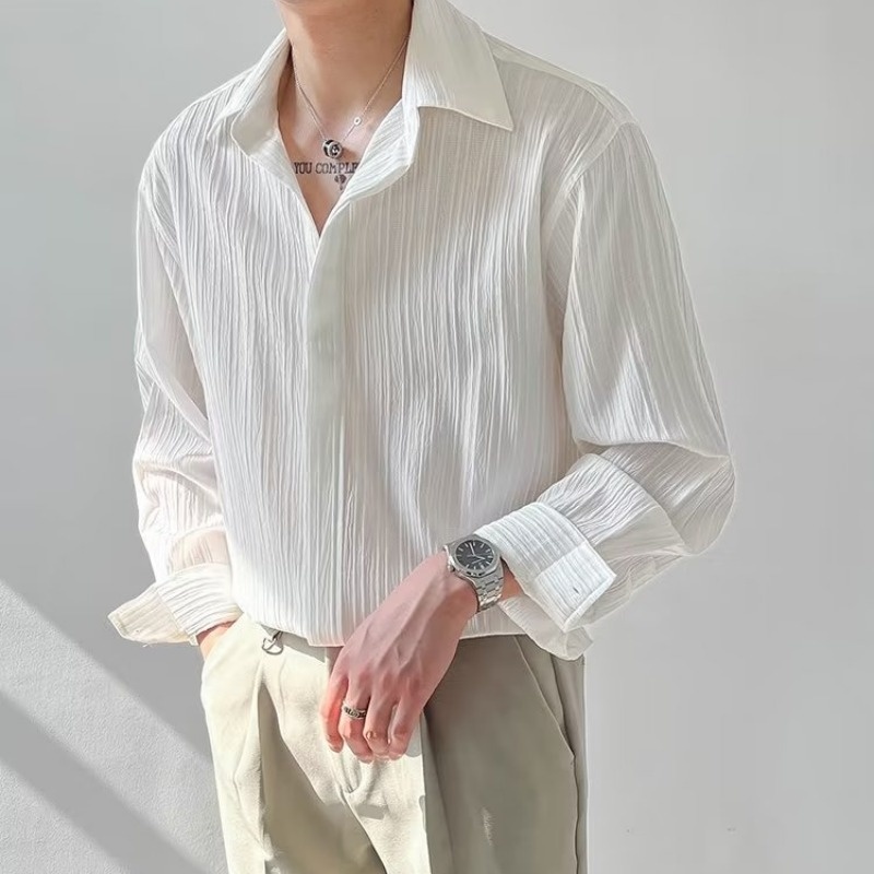Korean Men Formal Wear - Black Apricot White Long-sleeved Shirt Men