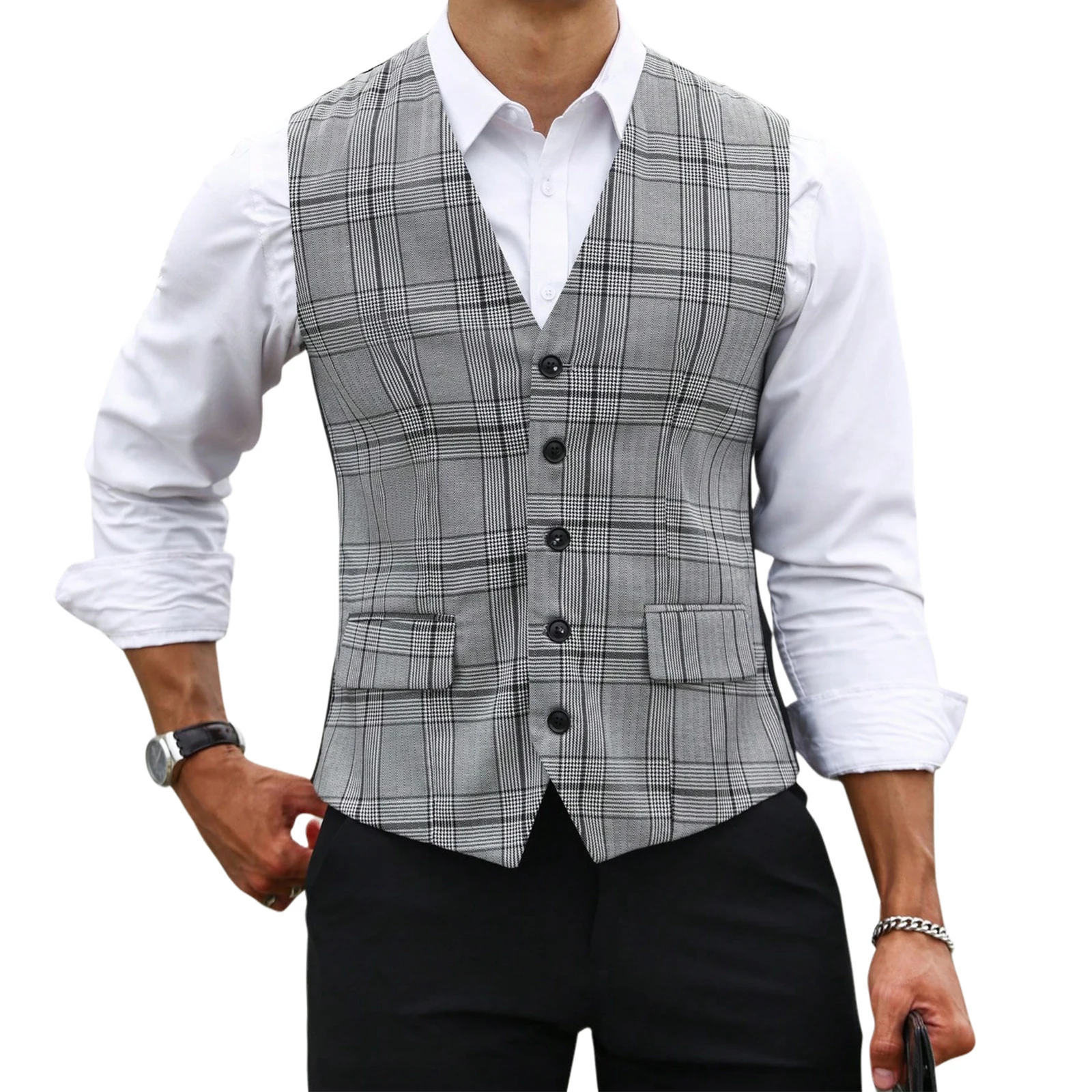 Men Grey Plaid Suit Vest Slim  - Men Formal Wear Vest review and price