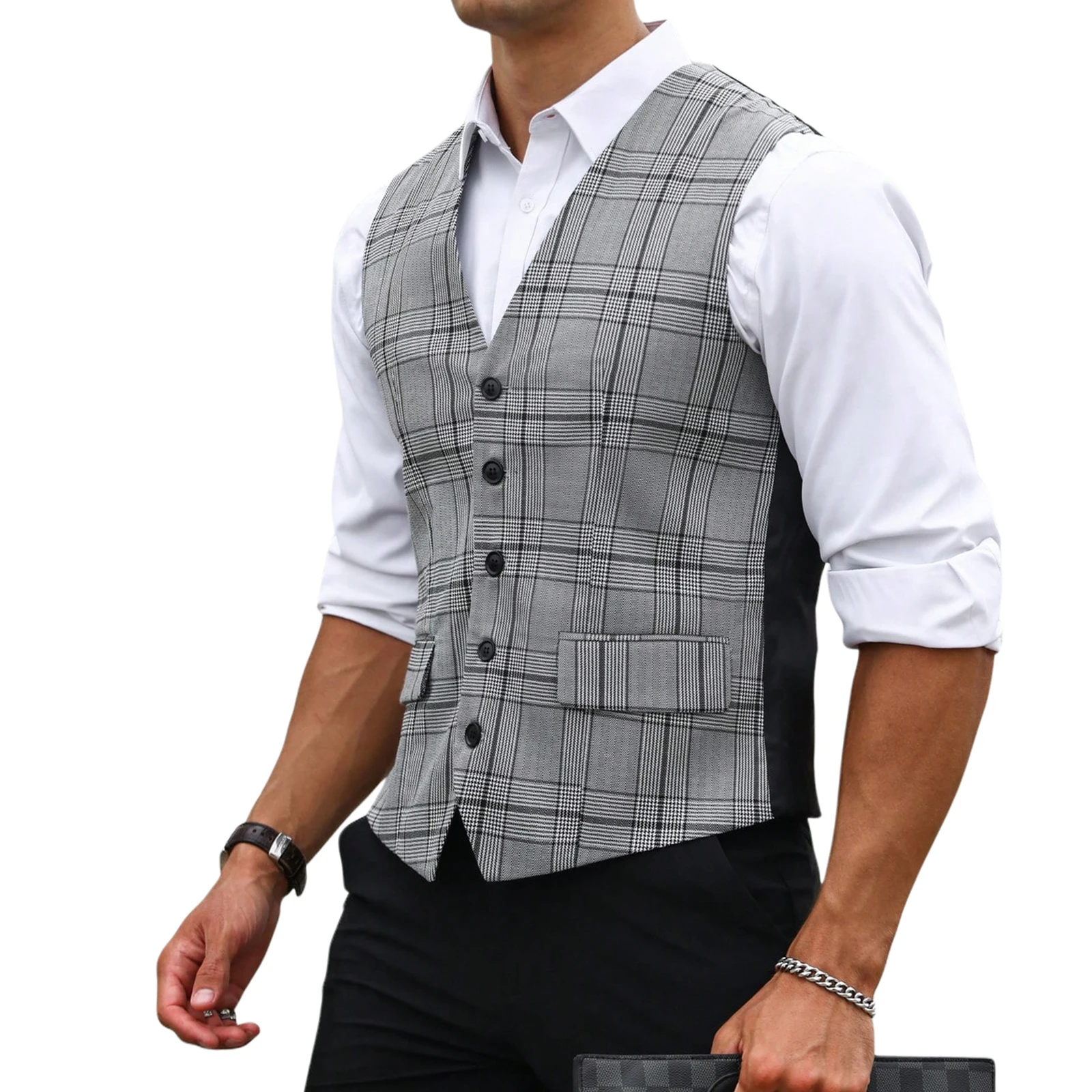 Men Grey Plaid Suit Vest Slim  - Men Formal Wear Vest review and price